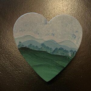 Hand Painted Wooden Heart Shaped Brooch with Mountain and Valley Scene